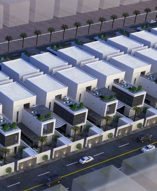 لقطة جوية لمجمع فلل حديثة بأسطح مستوية