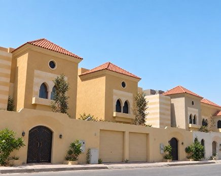 فلل بأسقف قرميدية وتفاصيل مقوسة خلف أسوار منسقة